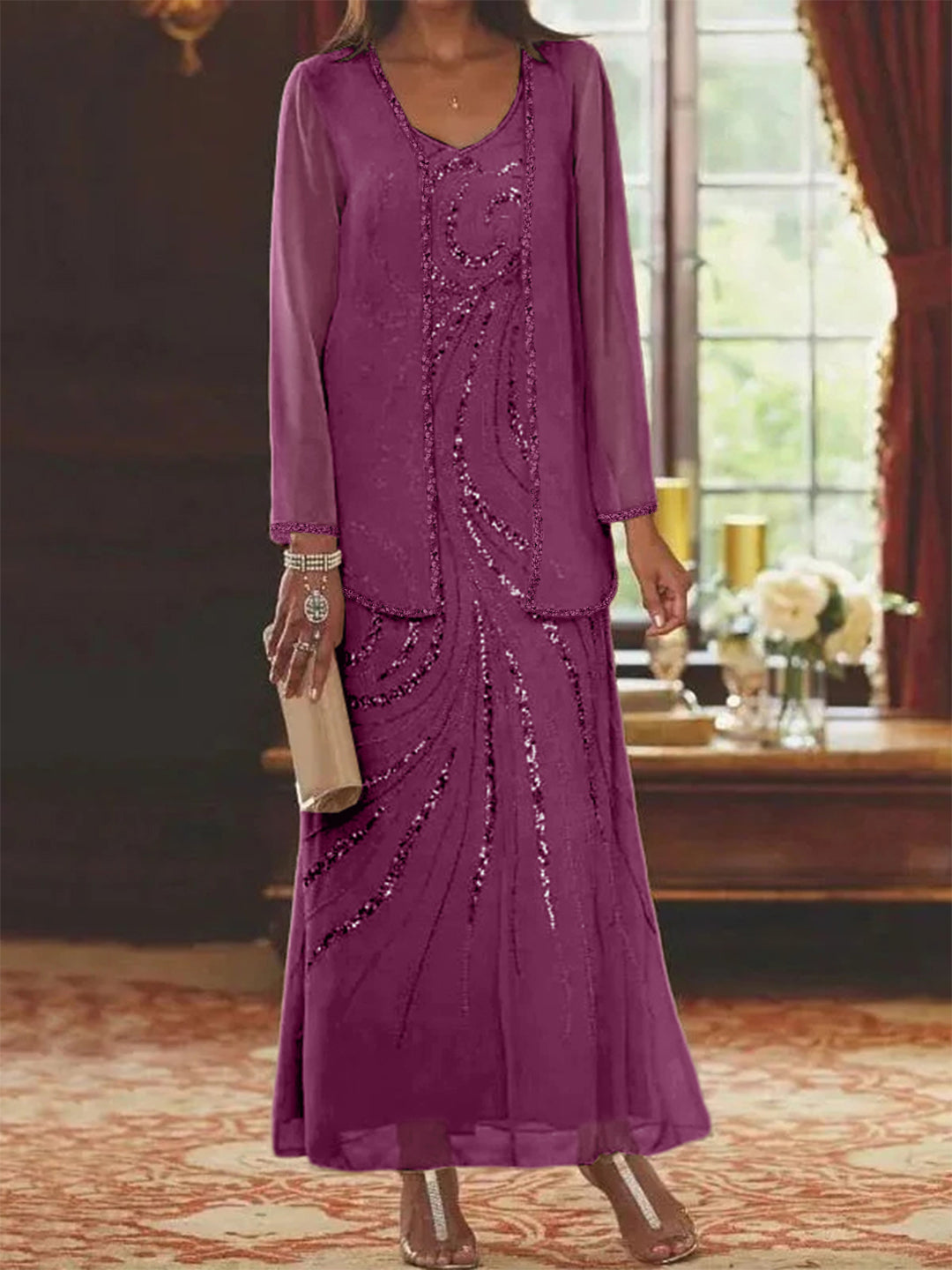 Sheath Column V Neck Ankle Length Mother Of The Bride Dresses With Jacket Sequins Beading