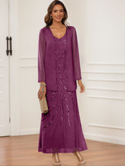 Sheath Column V Neck Ankle Length Mother Of The Bride Groom Dresses With Jacket Sequins