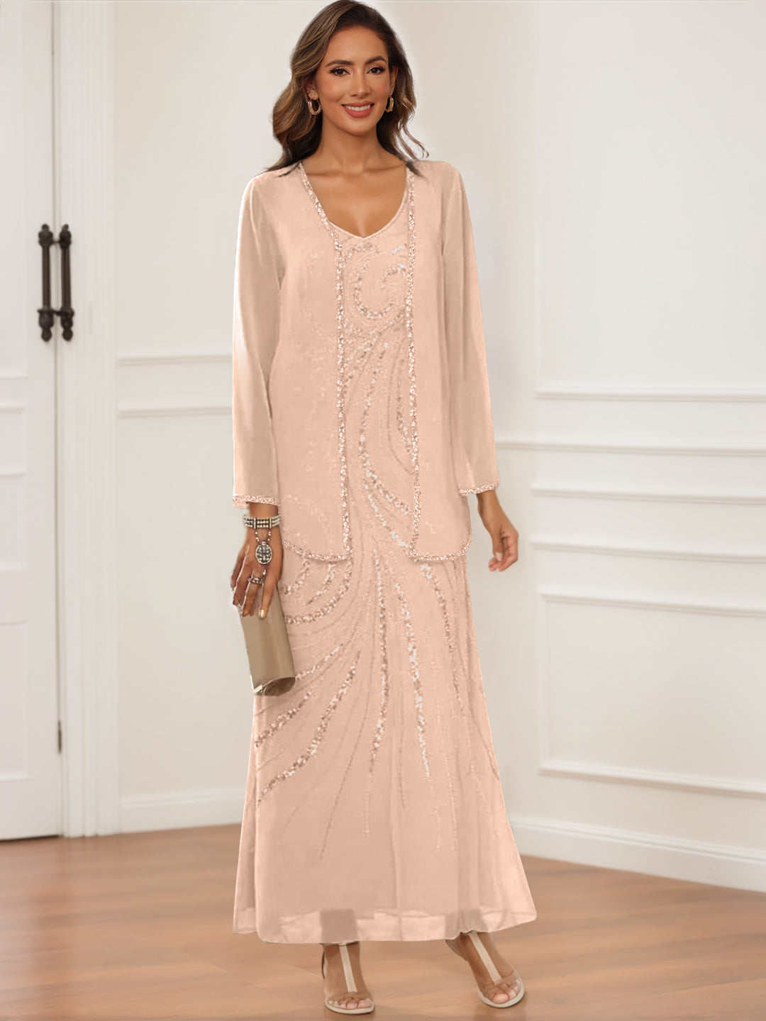 Sheath Column V Neck Ankle Length Mother Of The Bride Groom Dresses With Jacket Sequins