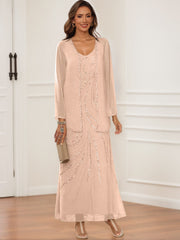 Sheath Column V Neck Ankle Length Mother Of The Bride Groom Dresses With Jacket Sequins