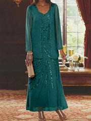 Sheath Column V Neck Ankle Length Mother Of The Bride Dresses With Jacket Sequins Beading