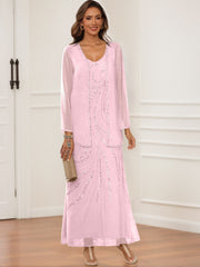 Sheath Column V Neck Ankle Length Mother Of The Bride Groom Dresses With Jacket Sequins