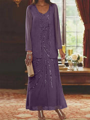 Sheath Column V Neck Ankle Length Mother Of The Bride Dresses With Jacket Sequins Beading