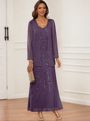 Sheath Column V Neck Ankle Length Mother Of The Bride Groom Dresses With Jacket Sequins