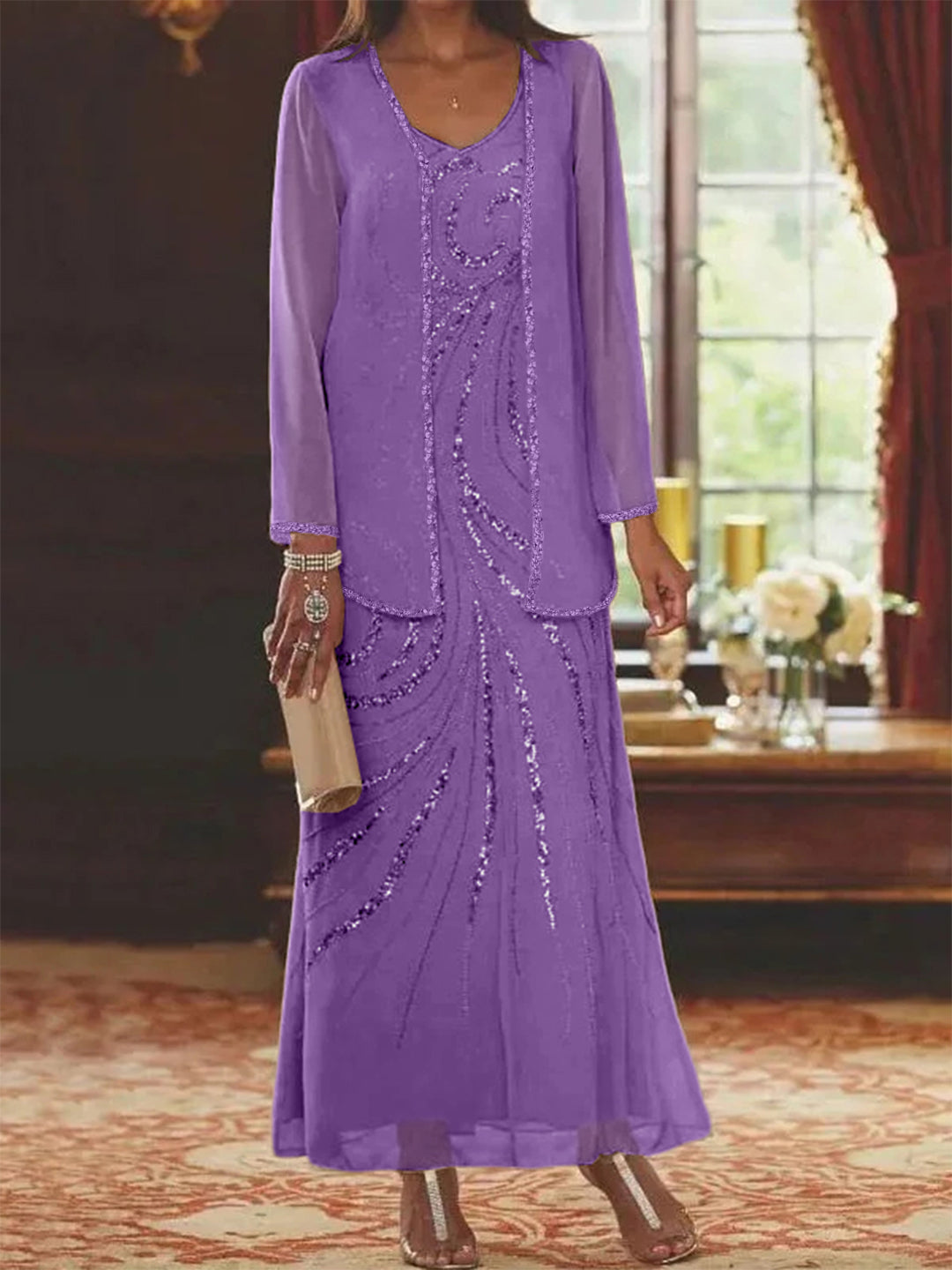 Sheath Column V Neck Ankle Length Mother Of The Bride Dresses With Jacket Sequins Beading