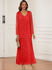 Sheath Column V Neck Ankle Length Mother Of The Bride Groom Dresses With Jacket Sequins