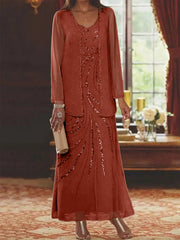 Sheath/Column V-Neck Ankle-Length Mother of the Bride Dresses with Jacket & Sequins Beading