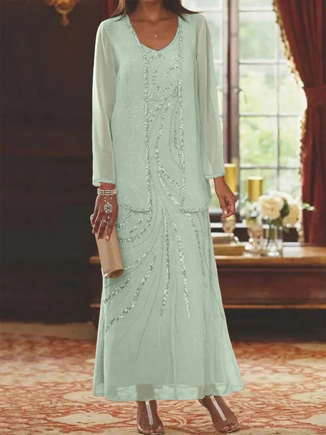 Sheath Column V Neck Ankle Length Mother Of The Bride Dresses With Jacket Sequins Beading