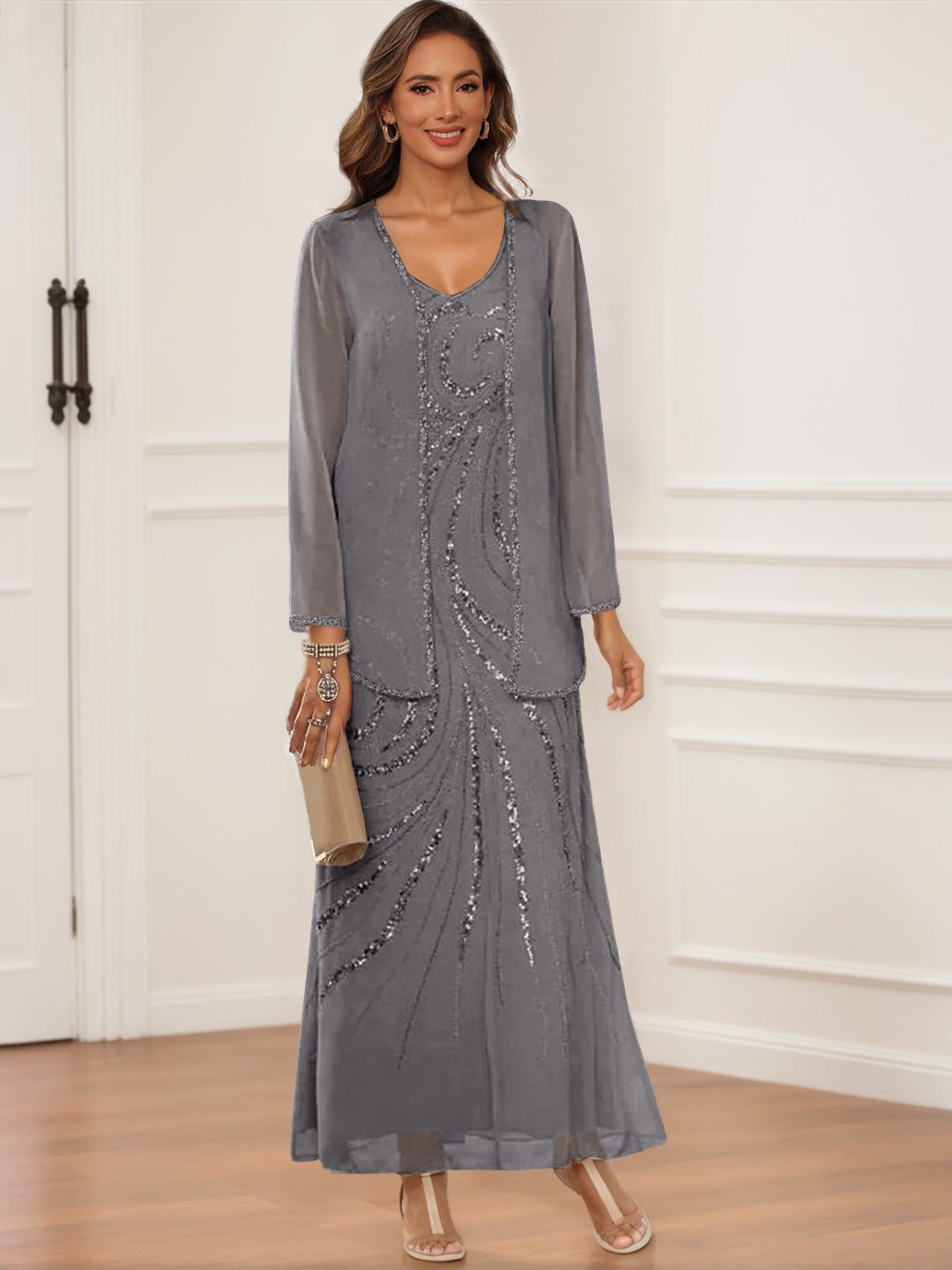 Sheath Column V Neck Ankle Length Mother Of The Bride Groom Dresses With Jacket Sequins