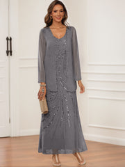 Sheath Column V Neck Ankle Length Mother Of The Bride Groom Dresses With Jacket Sequins