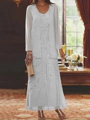 Sheath Column V Neck Ankle Length Mother Of The Bride Dresses With Jacket Sequins Beading