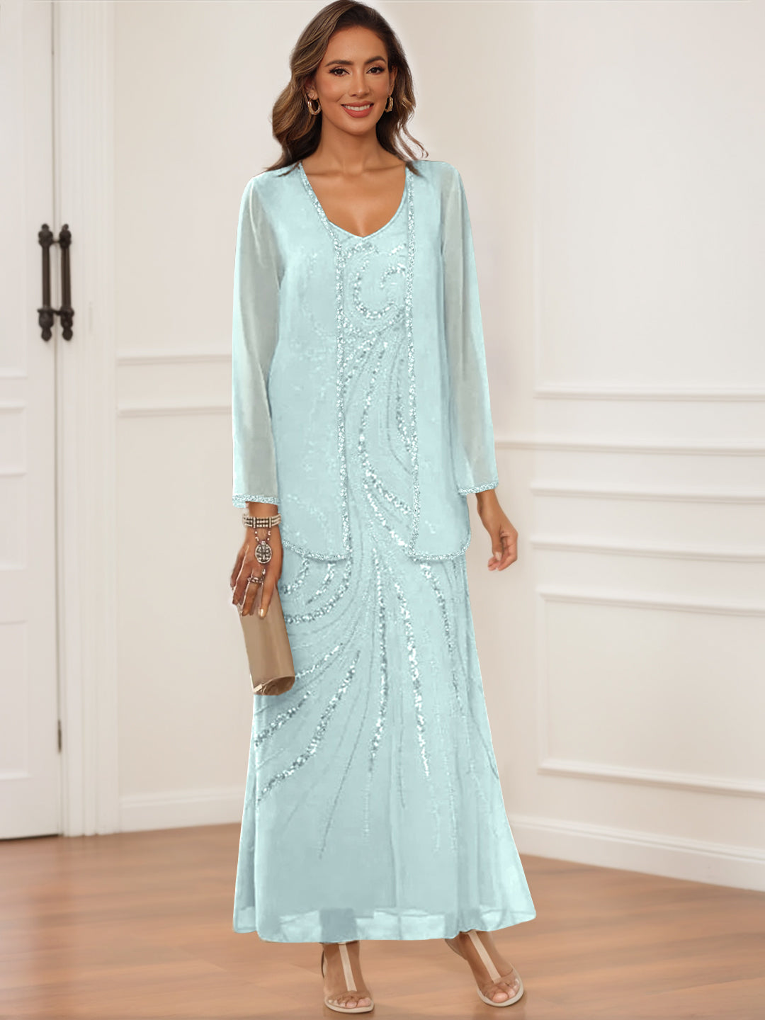 Sheath Column V Neck Ankle Length Mother Of The Bride Groom Dresses With Jacket Sequins