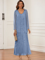 Sheath Column V Neck Ankle Length Mother Of The Bride Groom Dresses With Jacket Sequins