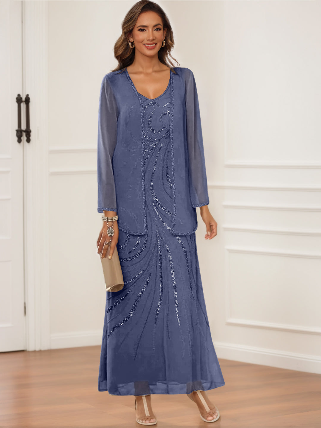 Sheath Column V Neck Ankle Length Mother Of The Bride Groom Dresses With Jacket Sequins