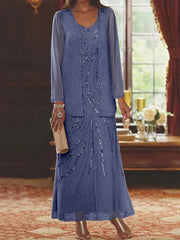 Sheath Column V Neck Ankle Length Mother Of The Bride Dresses With Jacket Sequins Beading