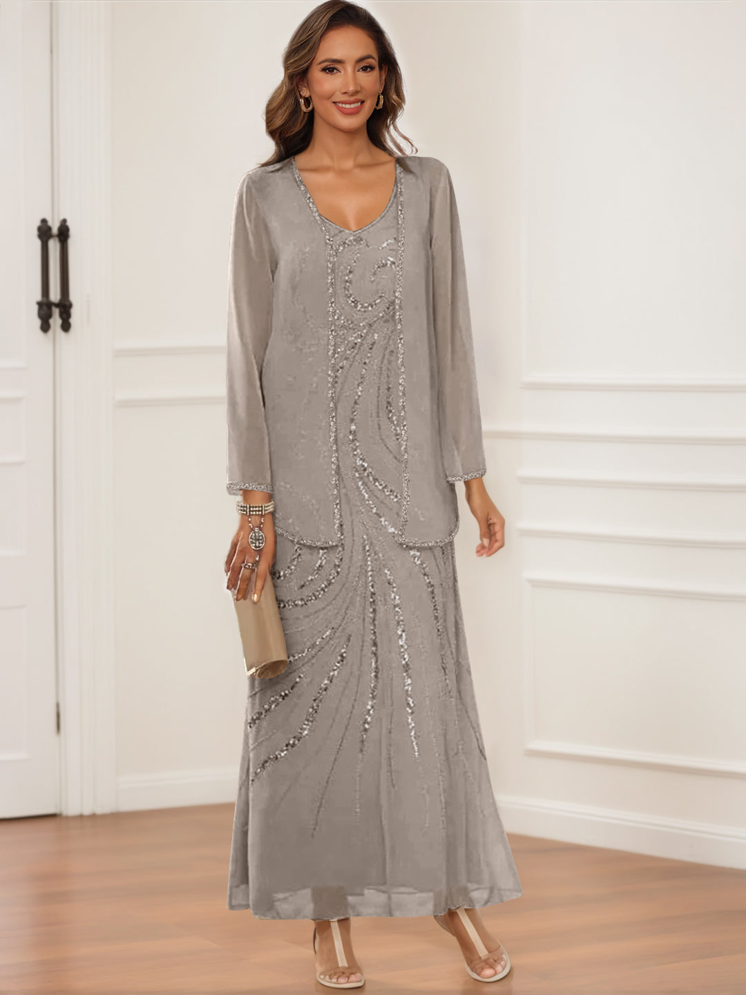 Sheath Column V Neck Ankle Length Mother Of The Bride Groom Dresses With Jacket Sequins