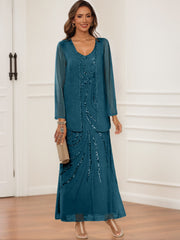 Sheath Column V Neck Ankle Length Mother Of The Bride Groom Dresses With Jacket Sequins