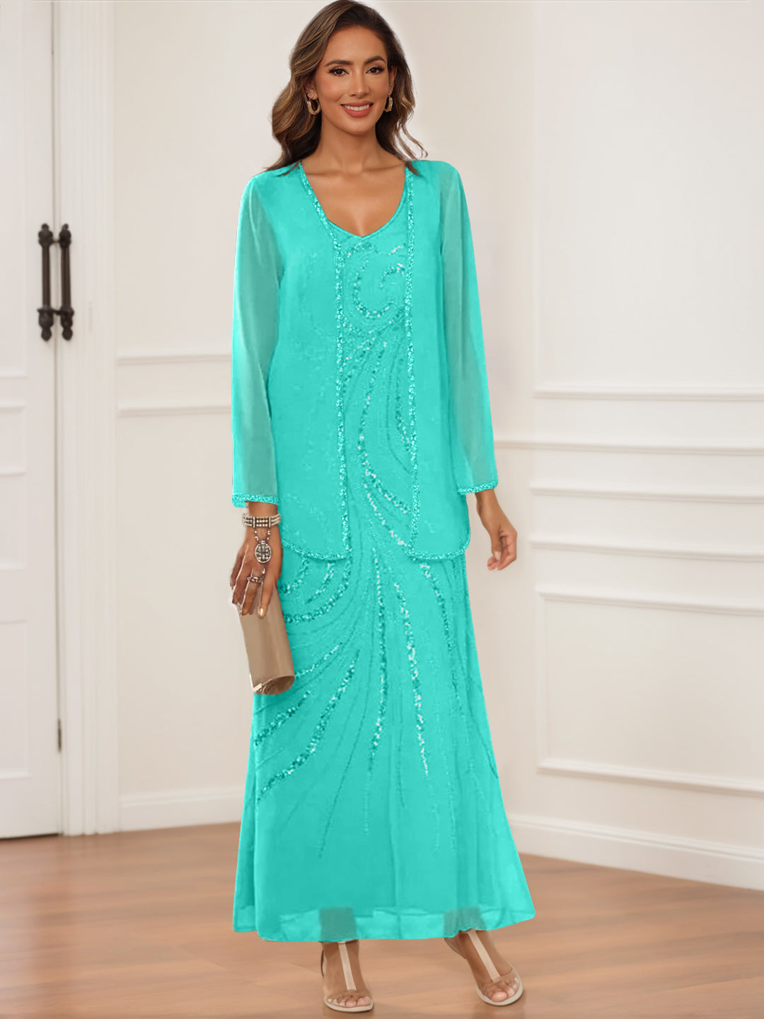 Sheath Column V Neck Ankle Length Mother Of The Bride Groom Dresses With Jacket Sequins