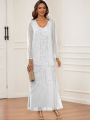 Sheath Column V Neck Ankle Length Mother Of The Bride Groom Dresses With Jacket Sequins