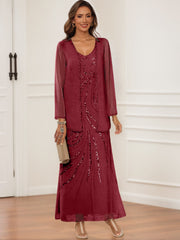 Sheath Column V Neck Ankle Length Mother Of The Bride Groom Dresses With Jacket Sequins