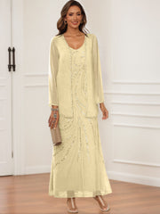 Sheath Column V Neck Ankle Length Mother Of The Bride Groom Dresses With Jacket Sequins