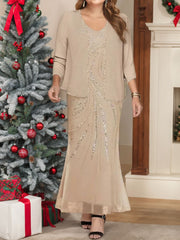Sheath Column V Neck Ankle Length Plus Size Mother Of The Bride Dresses With Jacket Sequins Beading