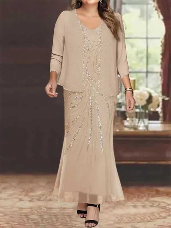 Sheath Column V Neck Ankle Length Mother Of The Bride Dresses With Jacket Sequins Beading
