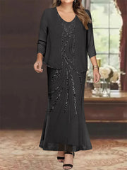 Sheath Column V Neck Ankle Length Plus Size Mother Of The Bride Dresses With Jacket Sequins Beading