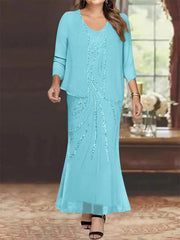 Sheath Column V Neck Ankle Length Plus Size Mother Of The Bride Dresses With Jacket Sequins Beading