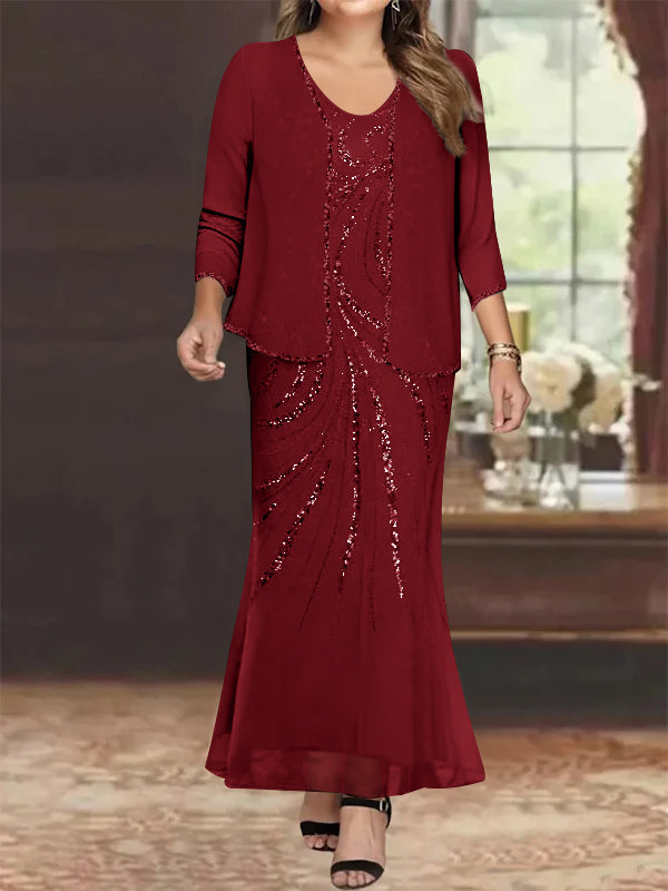 Sheath Column V Neck Ankle Length Plus Size Mother Of The Bride Dresses With Jacket Sequins Beading