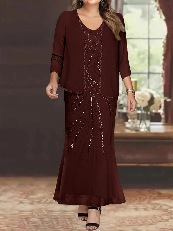 Sheath Column V Neck Ankle Length Plus Size Mother Of The Bride Dresses With Jacket Sequins Beading