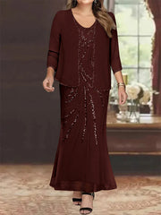 Sheath Column V Neck Ankle Length Plus Size Mother Of The Bride Dresses With Jacket Sequins Beading