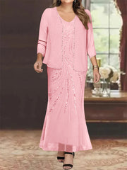 Sheath Column V Neck Ankle Length Plus Size Mother Of The Bride Dresses With Jacket Sequins Beading