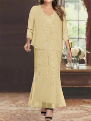 Sheath Column V Neck Ankle Length Plus Size Mother Of The Bride Dresses With Jacket Sequins Beading