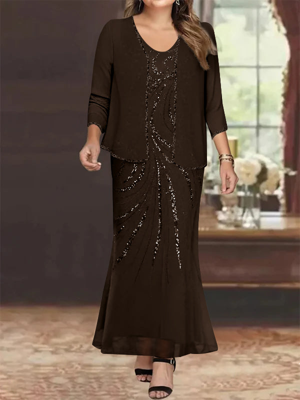 Sheath Column V Neck Ankle Length Plus Size Mother Of The Bride Dresses With Jacket Sequins Beading