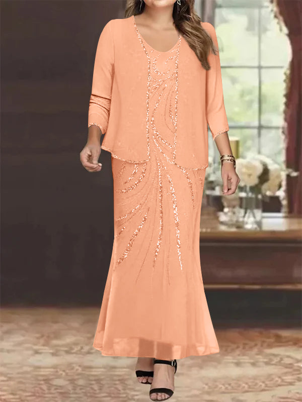 Sheath Column V Neck Ankle Length Plus Size Mother Of The Bride Dresses With Jacket Sequins Beading