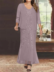 Sheath Column V Neck Ankle Length Plus Size Mother Of The Bride Dresses With Jacket Sequins Beading