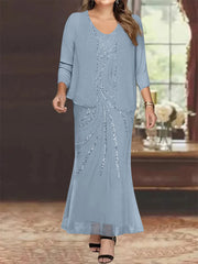 Sheath Column V Neck Ankle Length Plus Size Mother Of The Bride Dresses With Jacket Sequins Beading