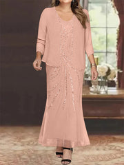 Sheath Column V Neck Ankle Length Plus Size Mother Of The Bride Dresses With Jacket Sequins Beading