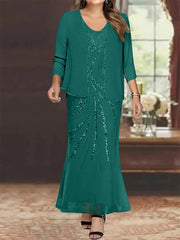 Sheath Column V Neck Ankle Length Plus Size Mother Of The Bride Dresses With Jacket Sequins Beading