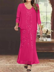 Sheath Column V Neck Ankle Length Plus Size Mother Of The Bride Dresses With Jacket Sequins Beading