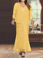 Sheath Column V Neck Ankle Length Plus Size Mother Of The Bride Dresses With Jacket Sequins Beading