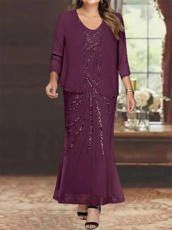 Sheath Column V Neck Ankle Length Plus Size Mother Of The Bride Dresses With Jacket Sequins Beading