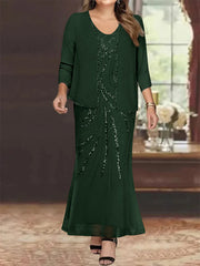 Sheath Column V Neck Ankle Length Plus Size Mother Of The Bride Dresses With Jacket Sequins Beading