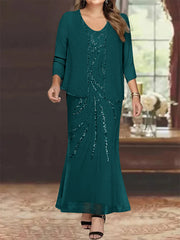 Sheath Column V Neck Ankle Length Plus Size Mother Of The Bride Dresses With Jacket Sequins Beading