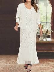 Sheath Column V Neck Ankle Length Plus Size Mother Of The Bride Dresses With Jacket Sequins Beading