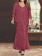 Sheath/Column V-Neck Ankle-Length Plus Size Mother of the Bride Dresses with Jacket & Sequins Beading