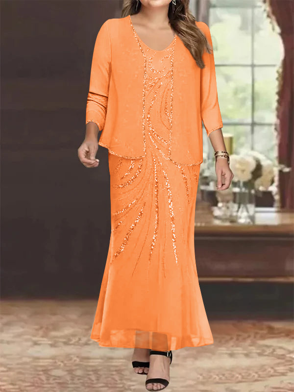 Sheath Column V Neck Ankle Length Plus Size Mother Of The Bride Dresses With Jacket Sequins Beading