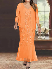 Sheath Column V Neck Ankle Length Plus Size Mother Of The Bride Dresses With Jacket Sequins Beading