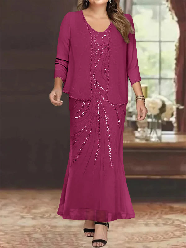 Sheath Column V Neck Ankle Length Plus Size Mother Of The Bride Dresses With Jacket Sequins Beading